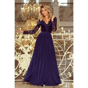 214-1 MADLEN long dress with lace neckline and long sleeves - NAVY BLUE
