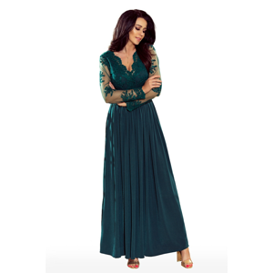 213-1 ARATI long dress with embroidered neckline and long sleeves - BOTTLE GREEN