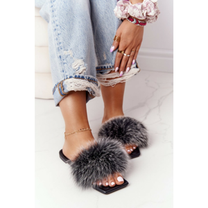 Leather flip-flops with fur black-white Love You So So