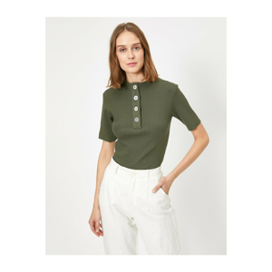 Koton Women's Green Button Detail Short Sleeve T-Shirt