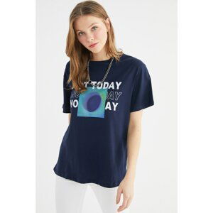 Trendyol Navy Printed Boyfriend Knitted T-Shirt