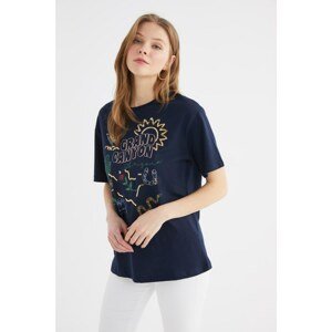 Trendyol Navy Blue Embroidered Boyfriend Knitted T-Shirt