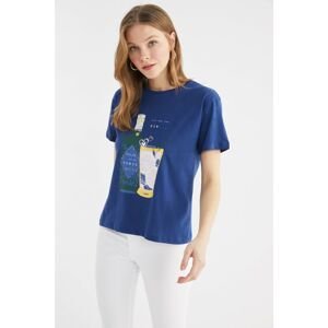 Trendyol Navy Printed Semi-Fitted Knitted T-Shirt