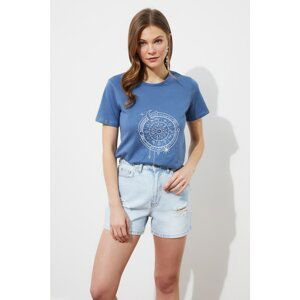 Trendyol Indigo Printed Basic Knitted T-Shirt