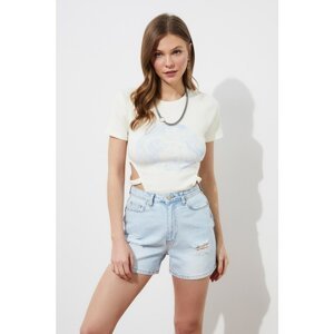Trendyol White Printed and Ribbed Waist Detailed Snap Fastener Knitted Body