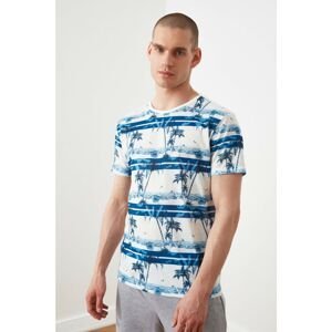 Trendyol Blue Men's Regular Fit Short Sleeve Tropical Print T-Shirt