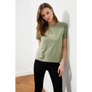Trendyol Khaki Embroidered Semifitted Knitted T-Shirt