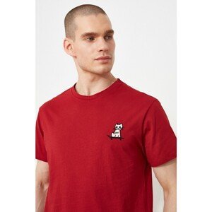 Trendyol Burgundy Men's Regular Fit Short Sleeve Embroidered T-Shirt