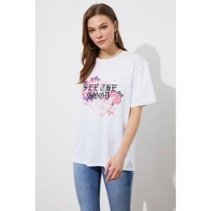 Trendyol White Printed Boyfriend Knitted T-Shirt