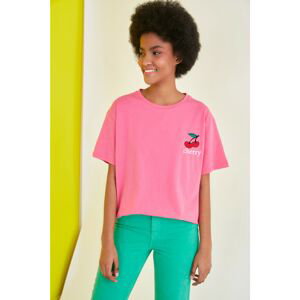 Trendyol Pink Embroidered Boyfriend Knitted T-Shirt