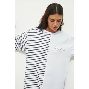 Trendyol White Striped Block Printed Boyfriend Knitted T-Shirt