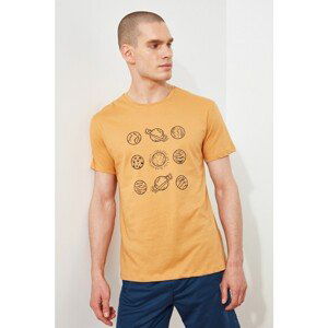 Trendyol Mustard Men's Regular Fit Short Sleeve Planet Printed T-Shirt