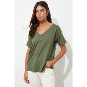 Trendyol Khaki Piping Detailed Basic Knitted T-Shirt