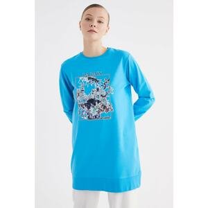 Trendyol Turquoise Printed Knitted Sweatshirt