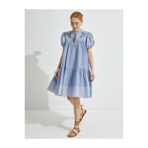 Koton Women's Blue Embroidered Striped Cotton Dress