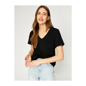 Koton Women's Black V Neck Cotton T-Shirt