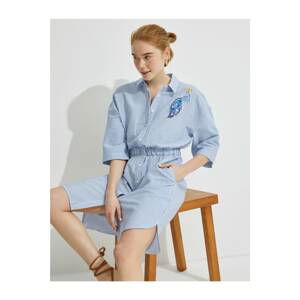 Koton Women's Blue Embroidered Shirt Collar Striped Dress