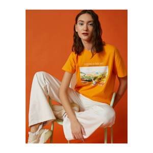 Koton Women's Orange Cotton Printed Short Sleeve Crew Neck T-Shirt