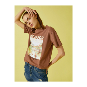 Koton Women's Brown Printed T-Shirt Crew Neck