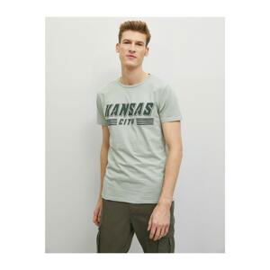 Koton Men's Green Letter Printed Short Sleeve Cycling Collar Cotton T-Shirt