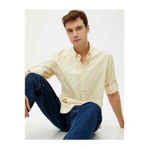 Koton Men's Yellow Striped Cotton Classic Collar Long Sleeve Shirt