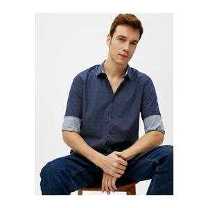 Koton Men's Navy Blue Patterned Classic Collar Long Sleeve Cotton Shirt