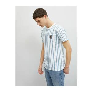 Koton Men's Blue Striped Embroidered Slim Fit Cotton Short Sleeve Crew Neck T-Shirt