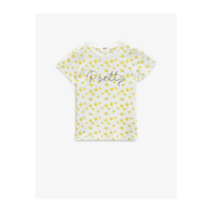 Koton Girls Kids Ecru Floral Cotton Short Sleeve Crew Neck Sequin Tshirt