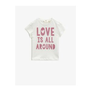 Koton Girl Ecru Short Sleeve Letter Printed Cotton T-Shirt