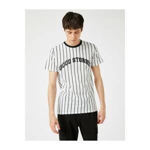 Koton Men's White Striped T-Shirt Printed Printed Crew Neck Cotton