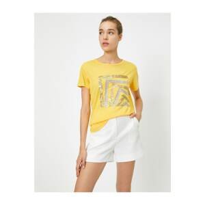 Koton Women's Yellow Sequin Detailed Crew Neck T-Shirt