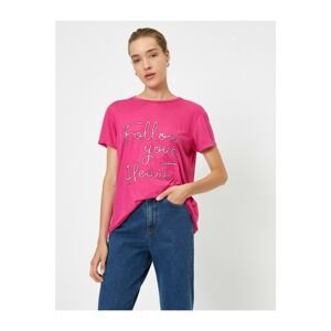 Koton Women's Pink Crew Neck Short Sleeve Sequin Written T-shirt