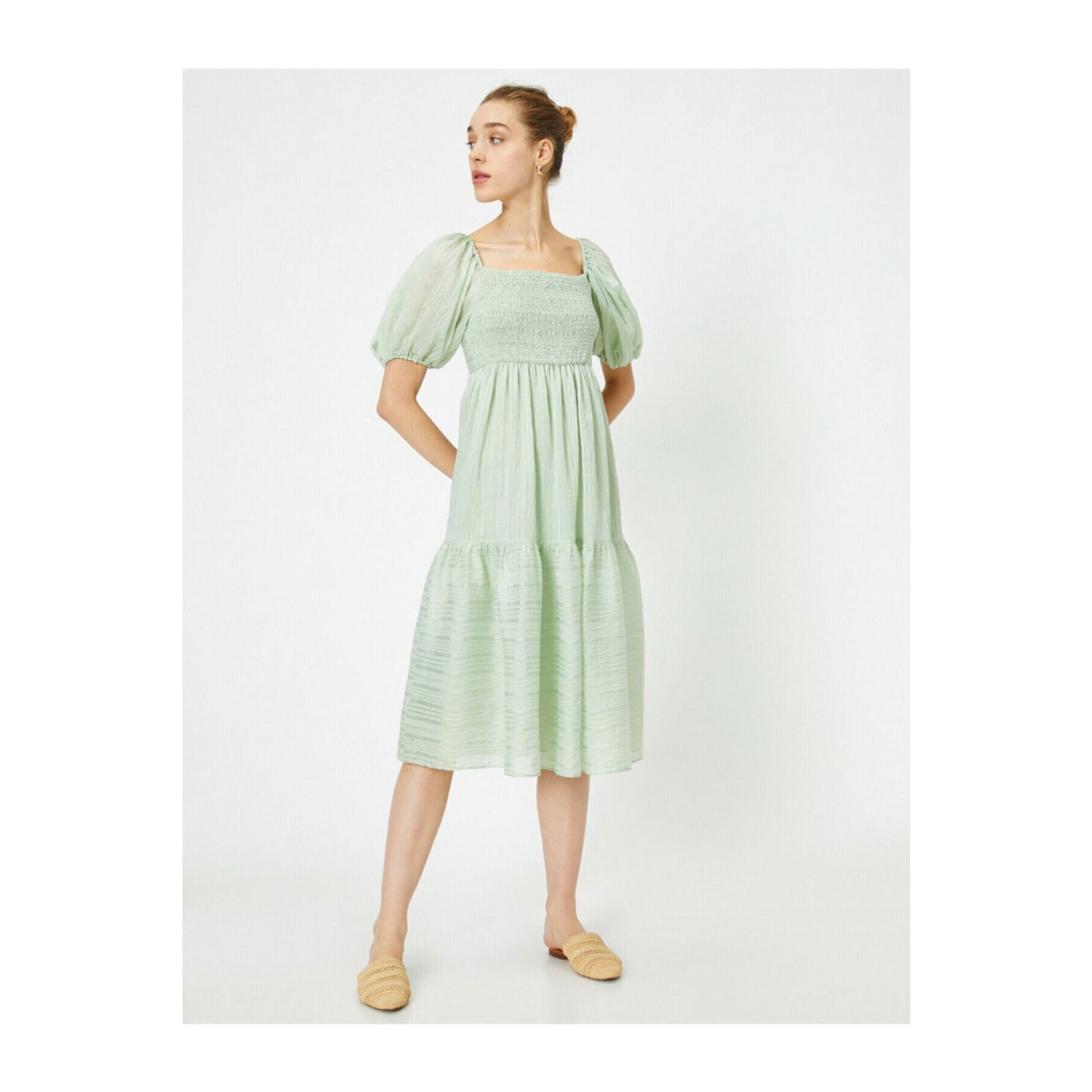 Koton Women's Mint Green Watermelon Sleeve U Neck Cotton Dress