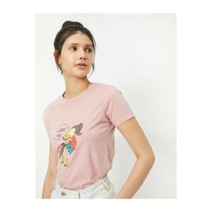 Koton Women's Pink Love Print Crew Neck Short Sleeve T-Shirt
