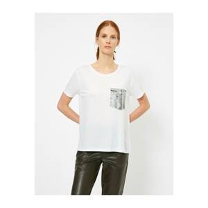 Koton Women's White Sequin Pocket Detailed Crew Neck T-Shirt