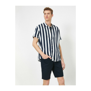 Koton Men's Navy Blue Striped Classic Collar Shirt