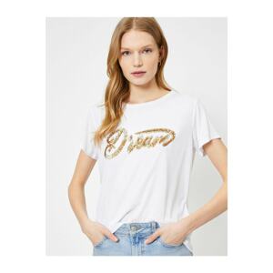 Koton Women's White Sequin Detailed Slogan Crew Neck T-Shirt