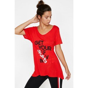 Koton Women's Red V Neck Short Sleeve T-Shirt