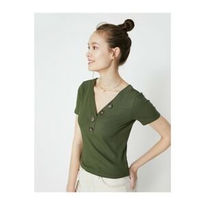 Koton Women's Green V Neck Short Sleeve Button Detailed T-Shirt