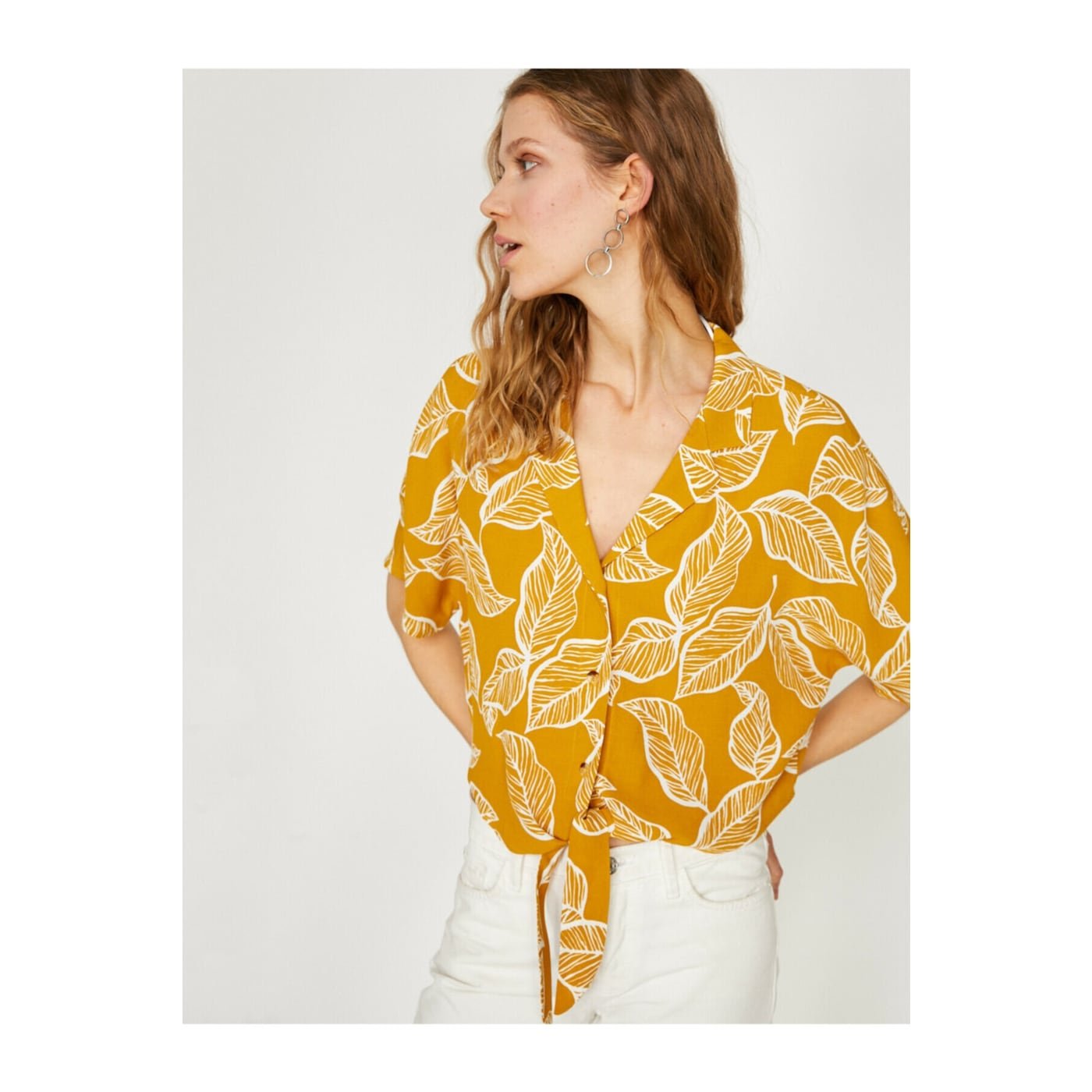 Koton Women Yellow Collar Detailed Short Sleeve Patterned Shirt