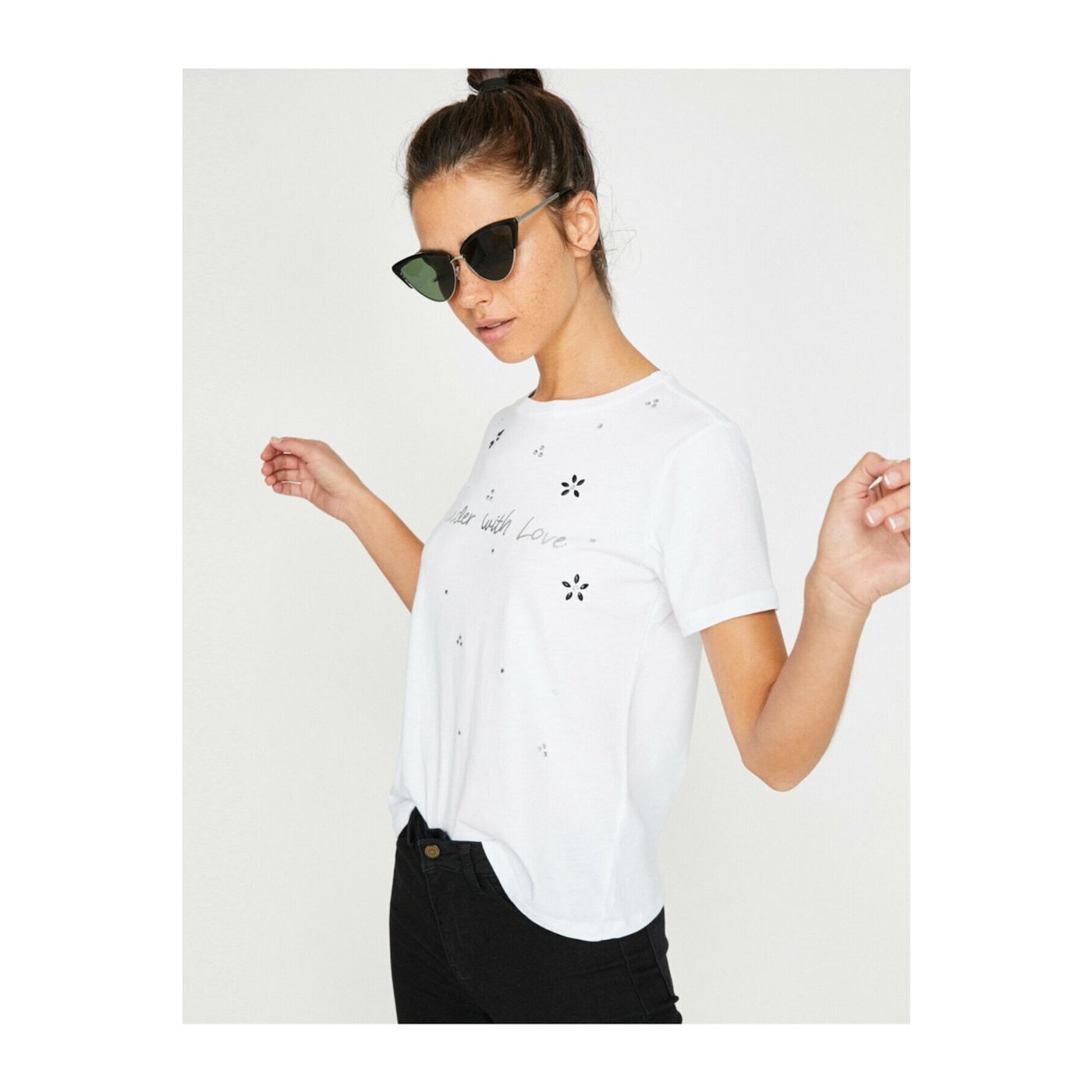 Koton Women's White Printed Short Sleeve Crew Neck T-Shirt