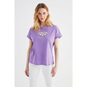 Trendyol Purple Embroidered Low Shoulder Basic Knitted T-Shirt