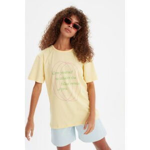 Trendyol Yellow Printed Boyfriend Knitted T-Shirt