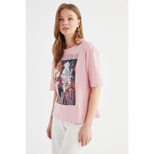Trendyol Pink Printed Loose Knit T-Shirt