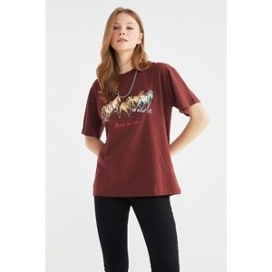Trendyol Light Brown Printed Boyfriend Knitted T-Shirt