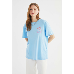 Trendyol Blue Front and Back Printed Boyfriend T-Shirt