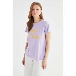 Trendyol Lilac Leaf Printed Basic Knitted T-Shirt
