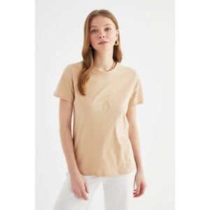 Trendyol Beige Embroidered Basic Knitted T-Shirt
