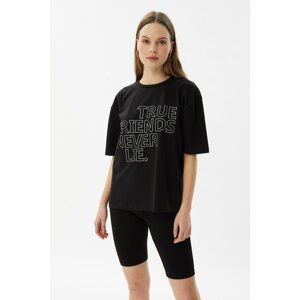 Trendyol Black Slogan Loose Knitted T-Shirt