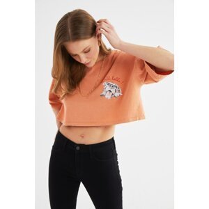 Trendyol Salmon Crop Printed and Washed Knitted T-Shirt